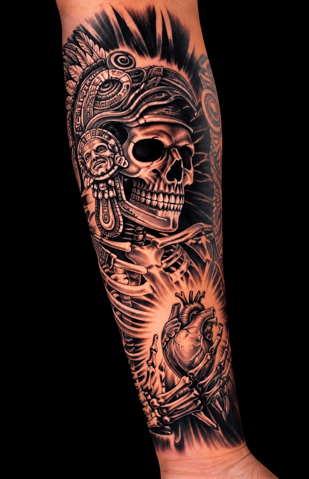 Aztec skull warrior sleeve tattoo, by Sergio Vazquez