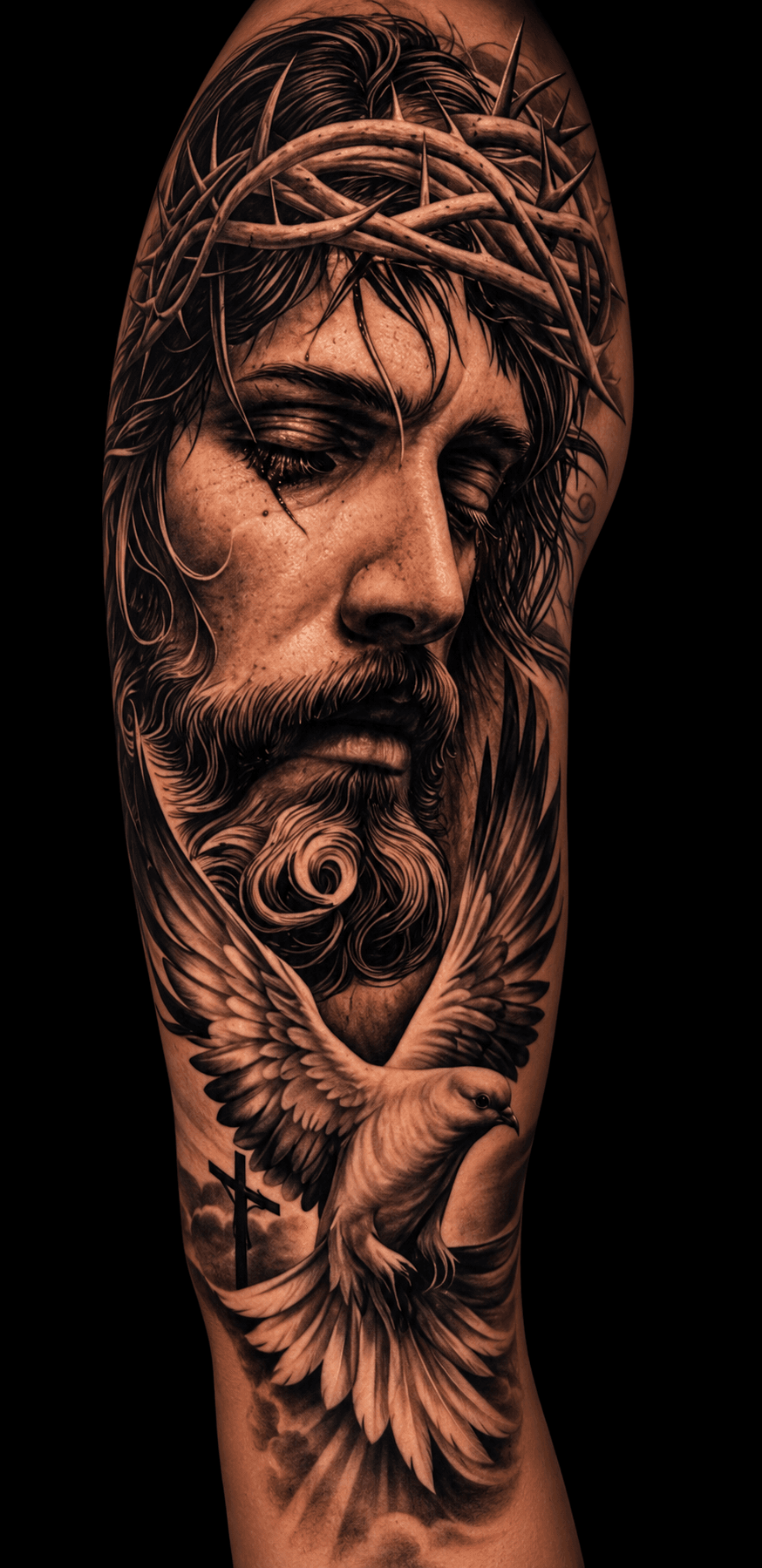 Black and grey realism tattoo of Jesus with a crown of thorns and a dove, by Evelyn Arredondo